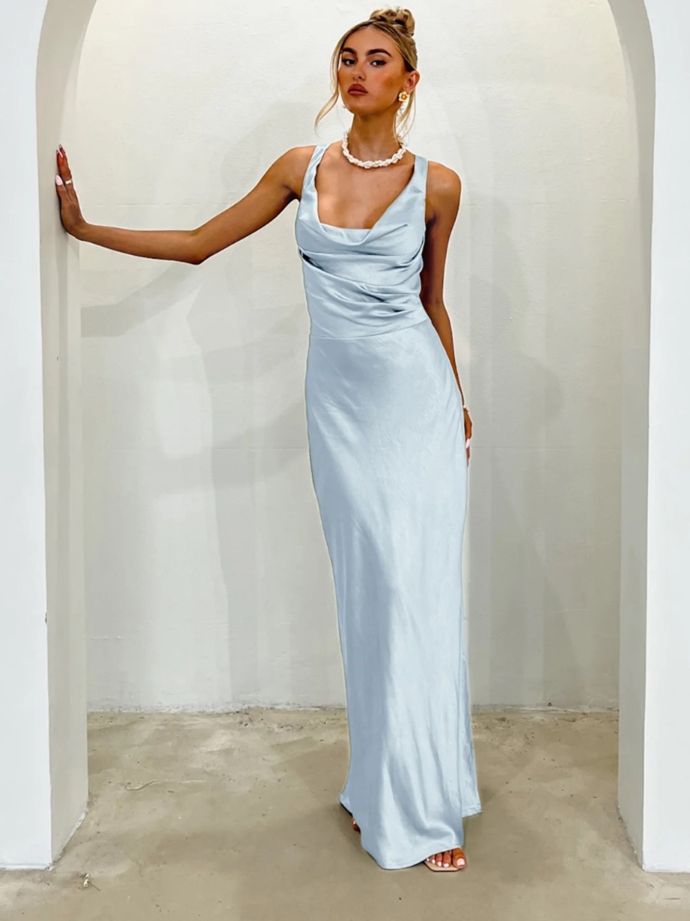 Selfie Leslie Light Blue Satin Cowl Neck Maxi Dress
